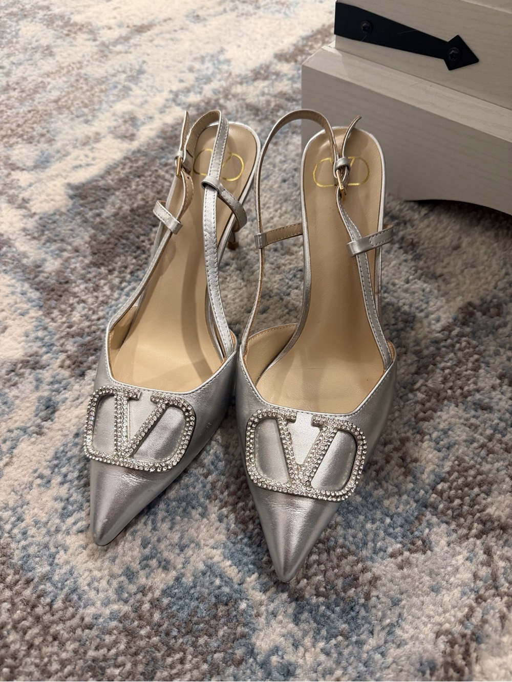 Silver Pointed-Toe Slingback Heels - Valentino